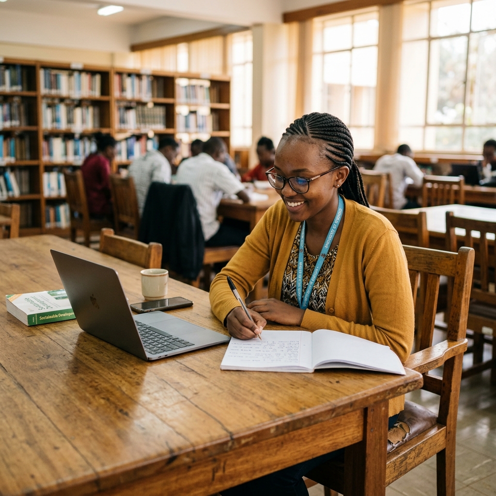 Atlas College student taking notes in library with laptop
